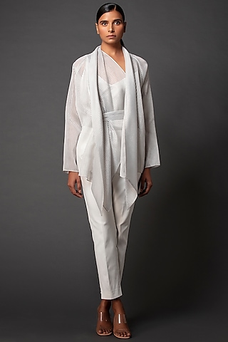 White Striped Shawl Cape by Amit Aggarwal