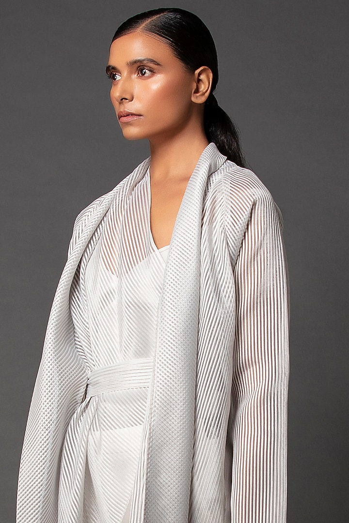 White Striped Shawl Cape by Amit Aggarwal at Pernia's Pop Up Shop