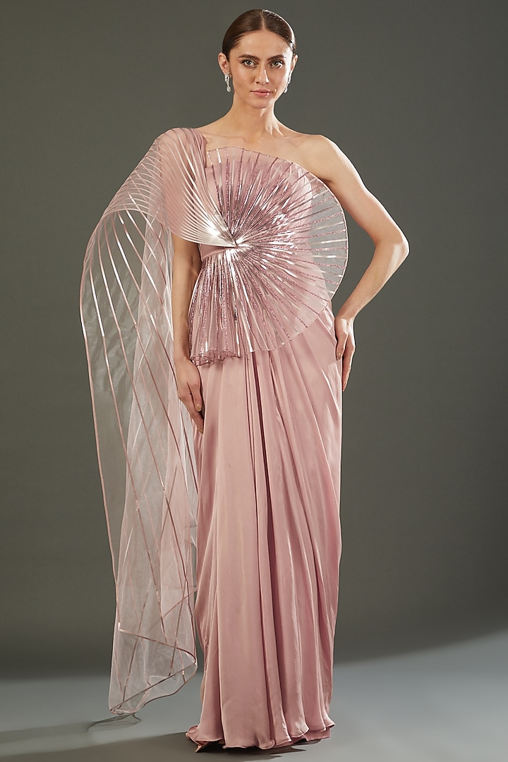 Blush Pink Embroidered Draped Gown by Amit Aggarwal