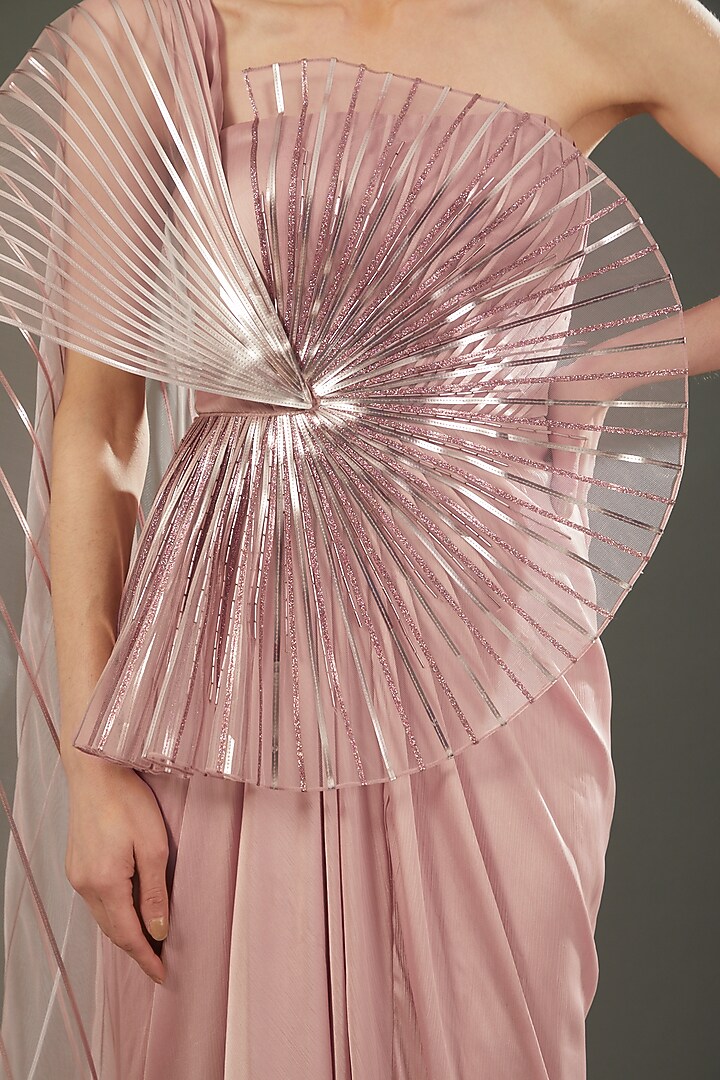Blush Pink Embroidered Draped Wedding Gown by Amit Aggarwal at Pernia's Pop Up Shop