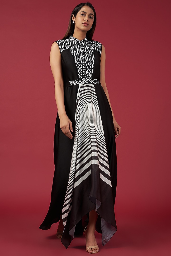 Black & White Chiffon Striped Dress by Amit Aggarwal