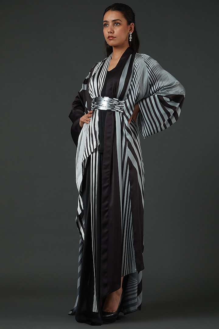 Black & White Chiffon Striped Cape Set by Amit Aggarwal