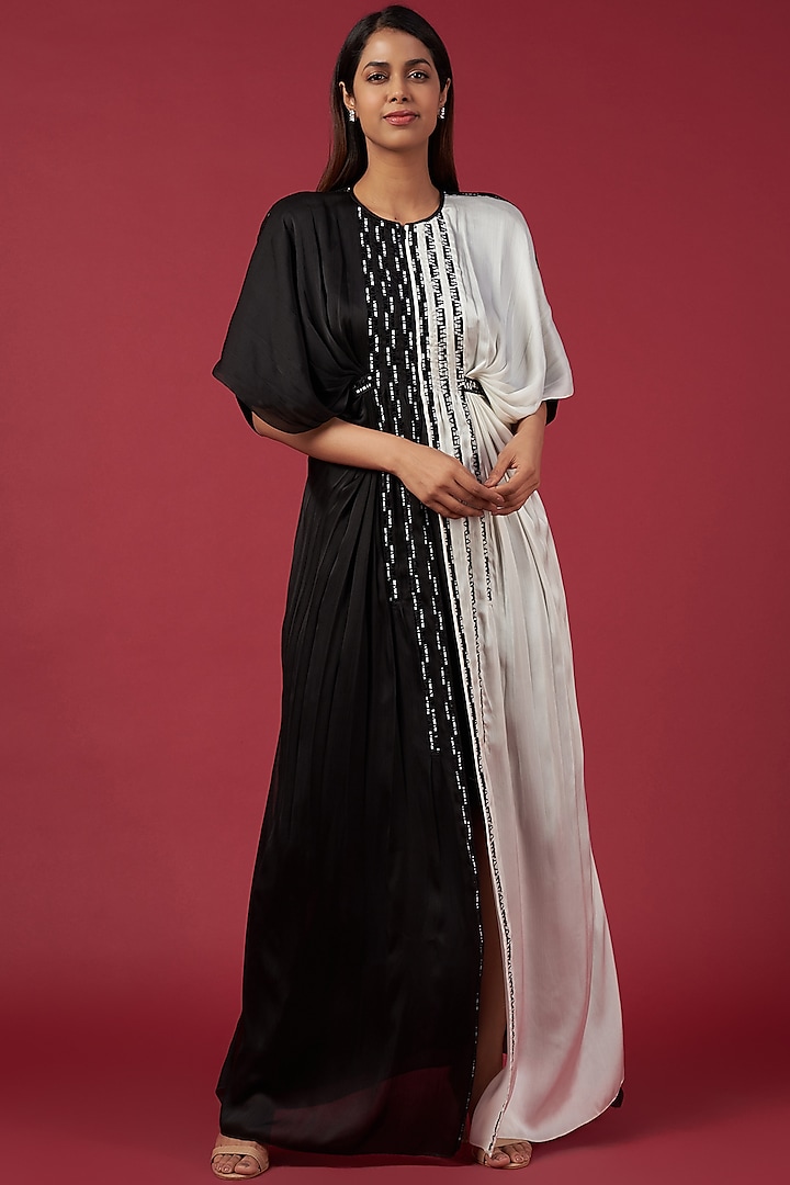 Black & White Crinkled Chiffon Kaftan Dress by Amit Aggarwal