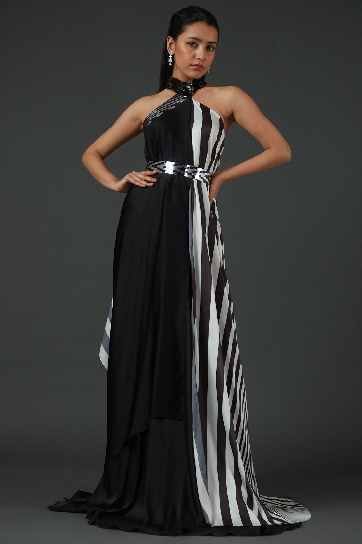 Black & White Chiffon Halter Draped Dress by Amit Aggarwal