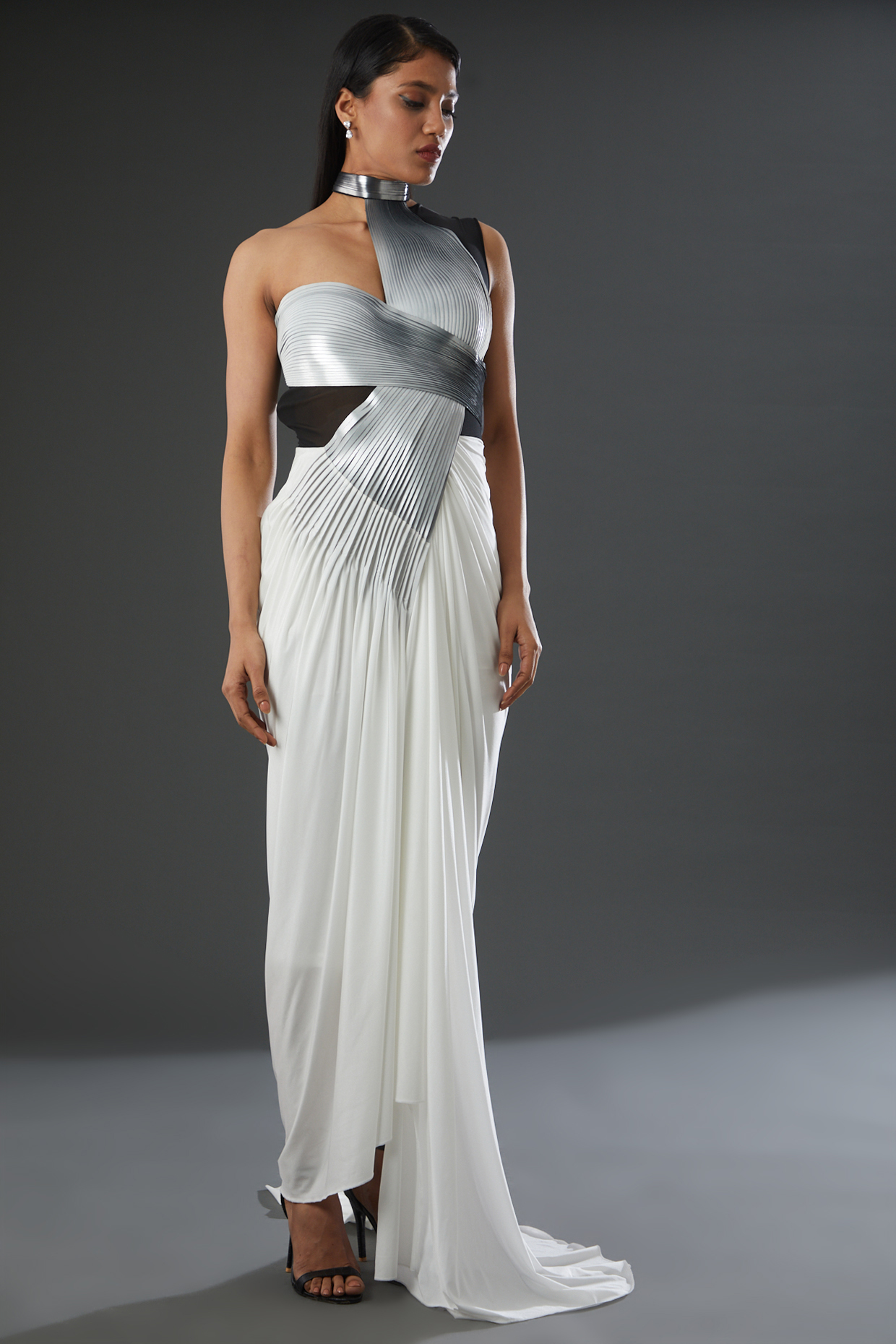 White Metallic Crinkled Chiffon Draped Dress by Amit Aggarwal