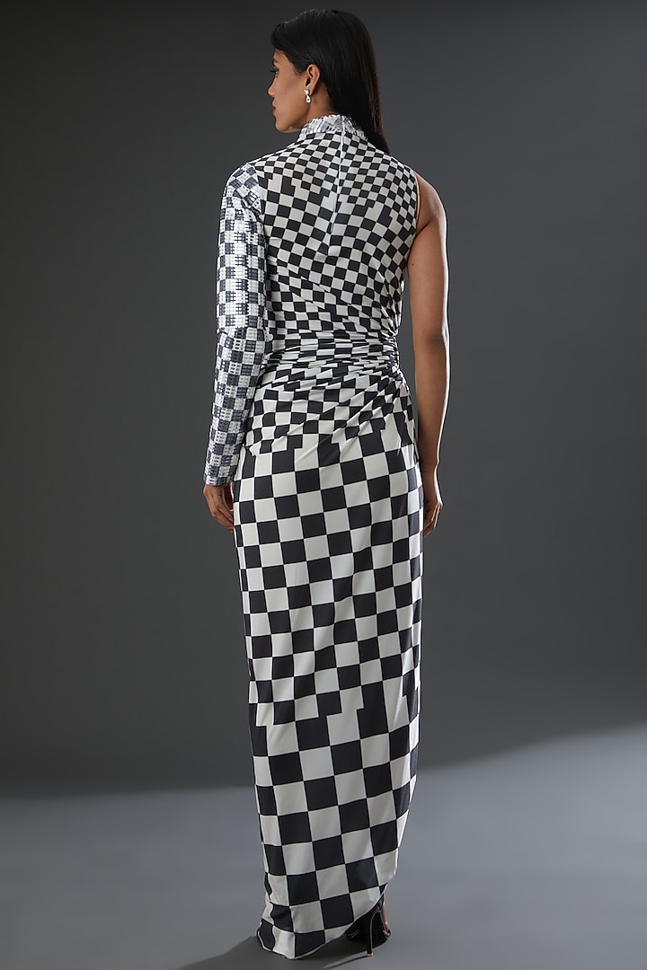 Black & White Chiffon One-Shoulder Party Wear Dress by Amit Aggarwal at Pernia's Pop Up Shop