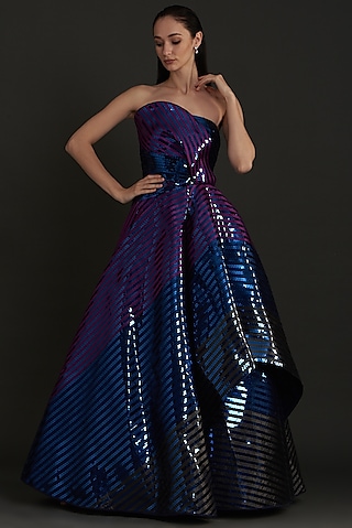 Electric Blue Mesh Draped Gown by Amit Aggarwal