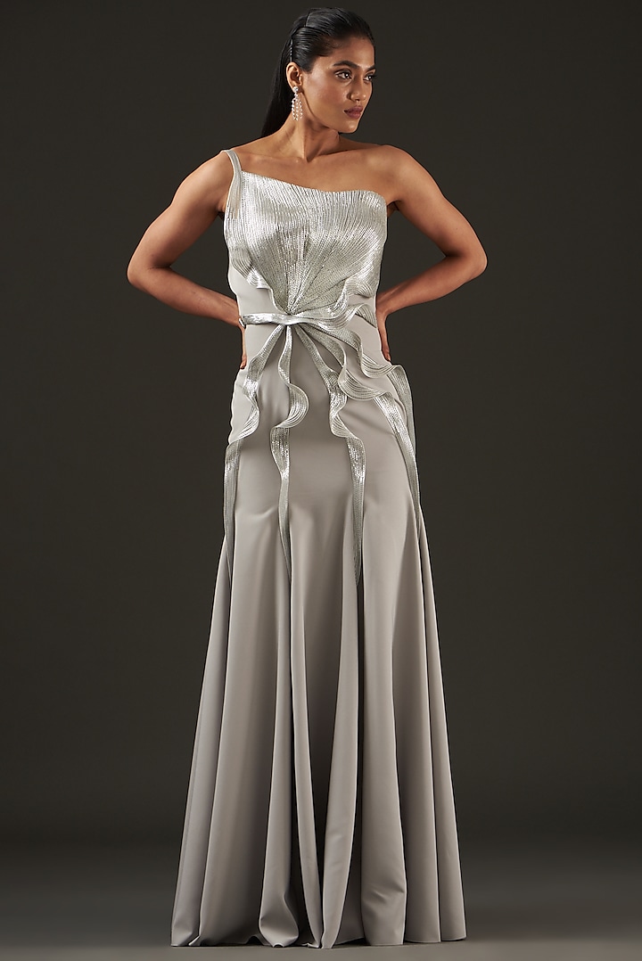 Silver Banana Crepe Wedding Gown by Amit Aggarwal at Pernia's Pop Up Shop