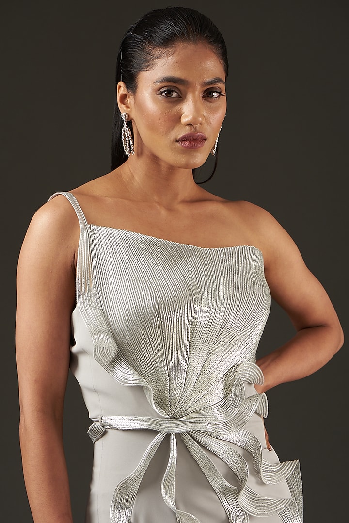 Silver Banana Crepe Wedding Gown by Amit Aggarwal at Pernia's Pop Up Shop