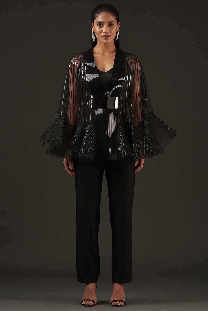 Black Tulle Jacket Set by Amit Aggarwal