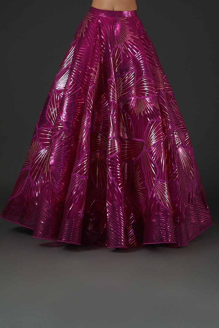 Fuchsia Leaf Metallic & Tulle Bridal Lehenga Set by Amit Aggarwal at Pernia's Pop Up Shop