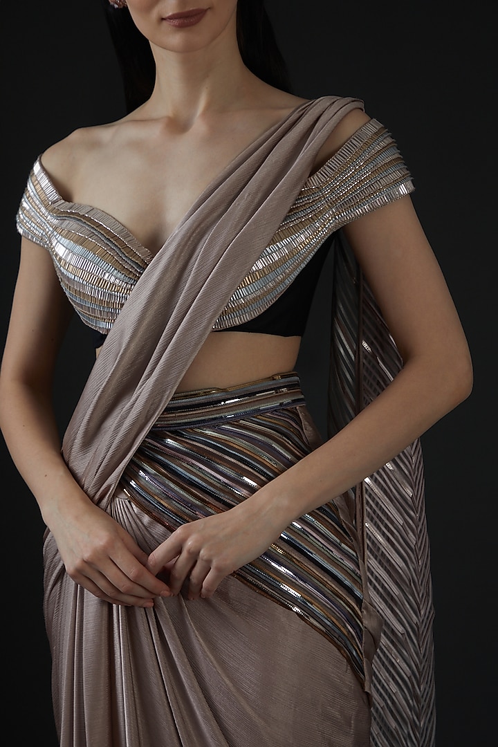 Beige Metallic Striped & Chiffon Draped Reception Saree Set by Amit Aggarwal at Pernia's Pop Up Shop