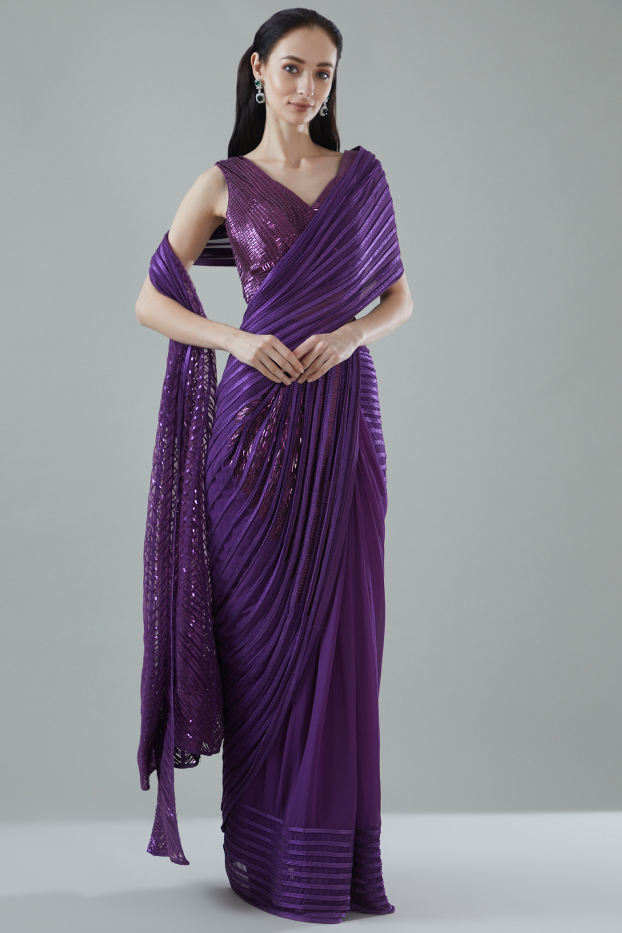 Purple Tulle & Georgette Pre-Stitched Reception Saree Set by Amit Aggarwal at Pernia's Pop Up Shop