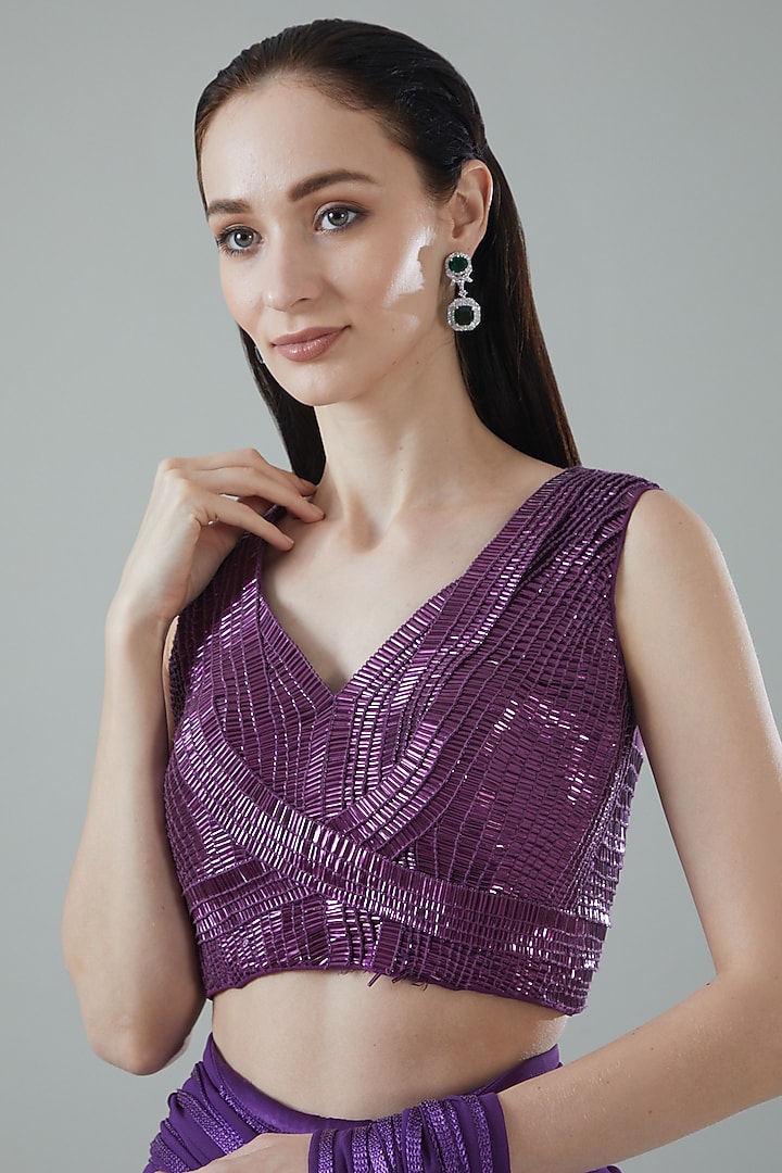 Purple Tulle & Georgette Pre-Stitched Bridal Saree Set by Amit Aggarwal at Pernia's Pop Up Shop