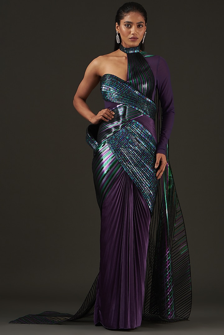Purple Crinkled Chiffon Gown by Amit Aggarwal