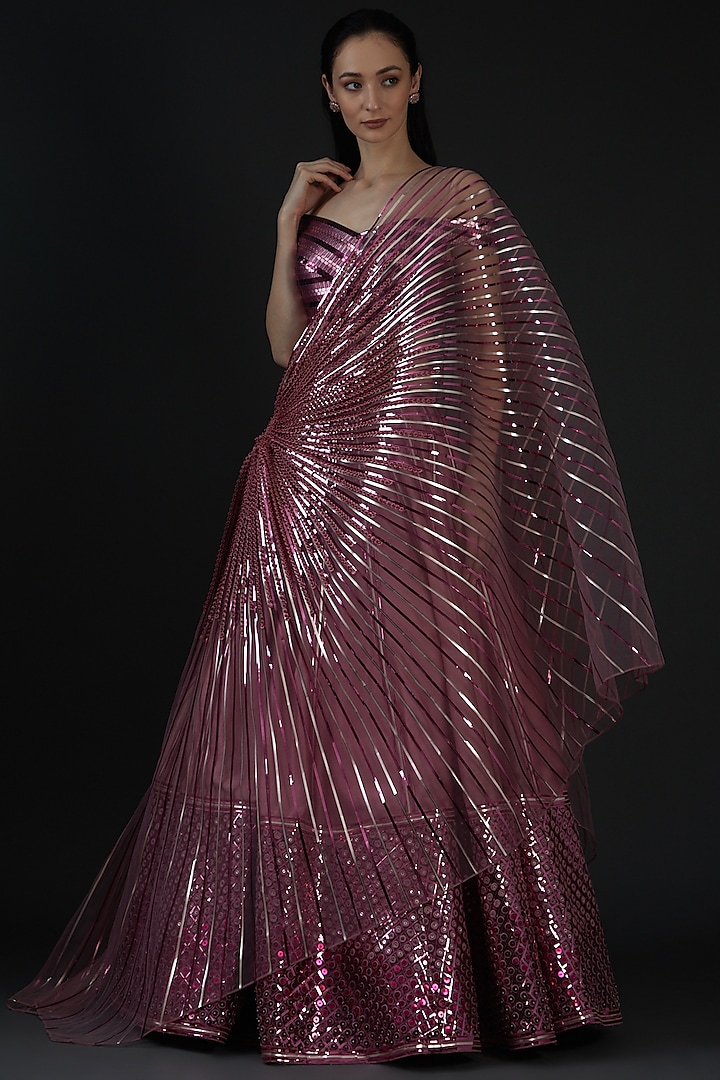 Blush Pink Striped & Tulle Lehenga Set by Amit Aggarwal