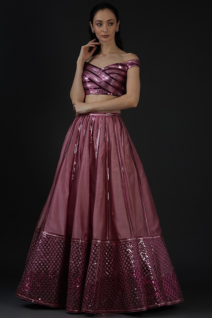 Blush Pink Striped & Tulle Bridal Lehenga Set by Amit Aggarwal at Pernia's Pop Up Shop
