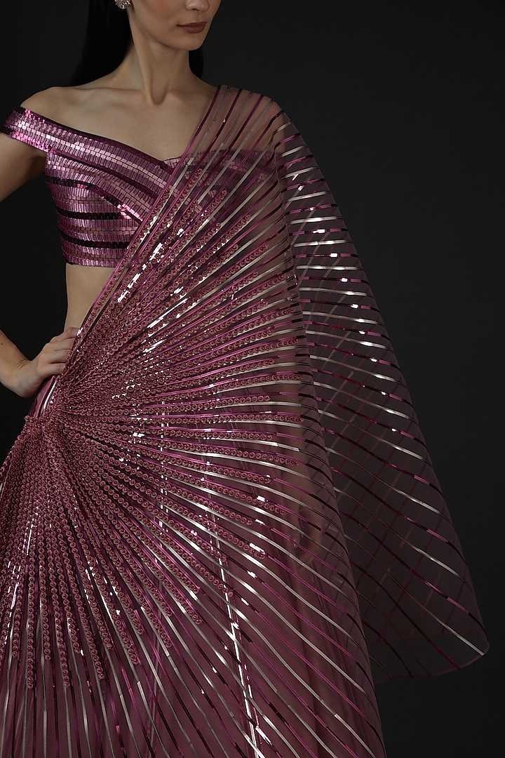 Blush Pink Striped & Tulle Bridal Lehenga Set by Amit Aggarwal at Pernia's Pop Up Shop