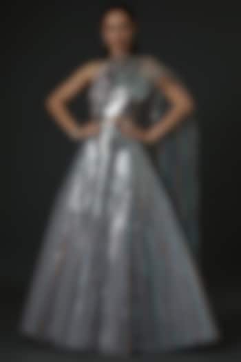 Silver Tulle Lehenga Saree Set by Amit Aggarwal