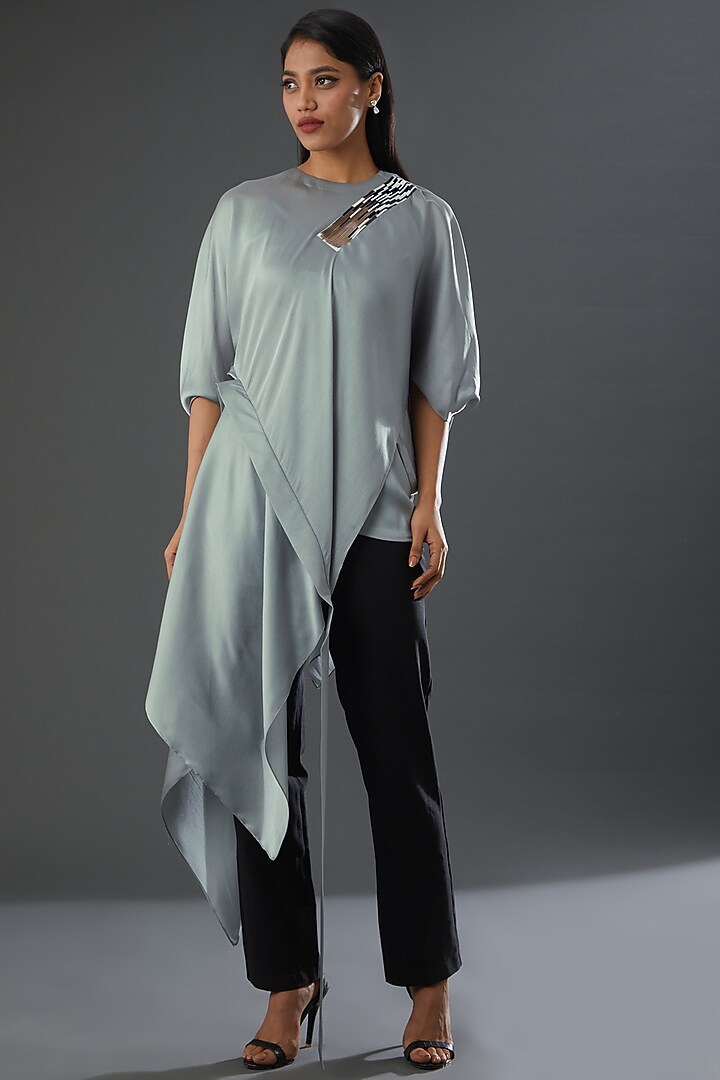 Grey Crinkled Chiffon Top by Amit Aggarwal at Pernia's Pop Up Shop
