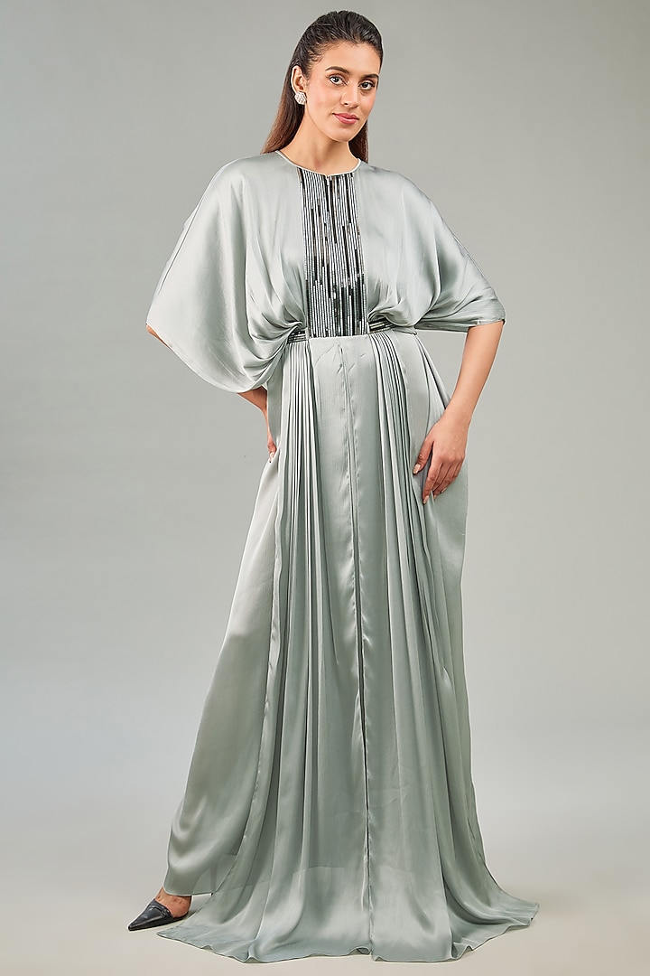 Steel Grey Metallic Polymer & Crepe Chiffon Gown by Amit Aggarwal