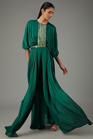 Emerald Metallic Polymer & Crepe Chiffon Gown by Amit Aggarwal