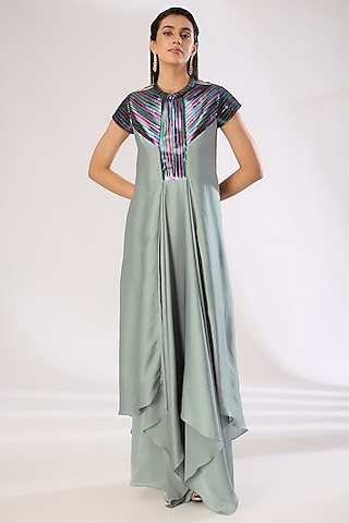 Steel Grey Metallic Polymer & Crepe Chiffon Maxi Dress by Amit Aggarwal