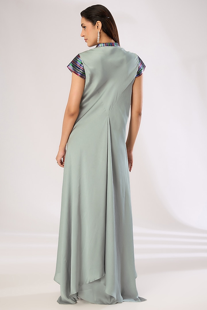 Steel Grey Metallic Polymer & Crepe Chiffon Maxi Cocktail Dress by Amit Aggarwal at Pernia's Pop Up Shop