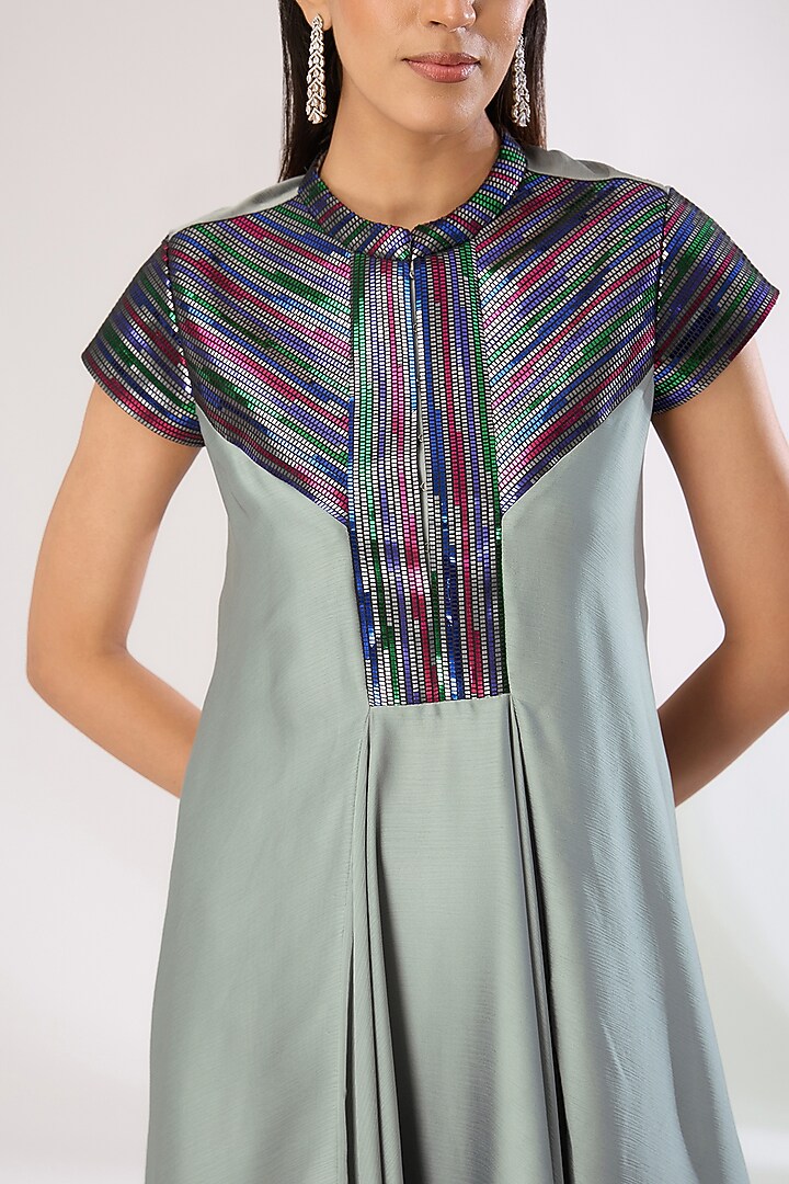 Steel Grey Metallic Polymer & Crepe Chiffon Maxi Cocktail Dress by Amit Aggarwal at Pernia's Pop Up Shop