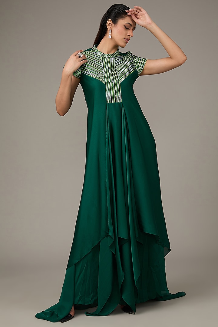 Emerald Metallic Polymer & Crepe Chiffon Gown by Amit Aggarwal
