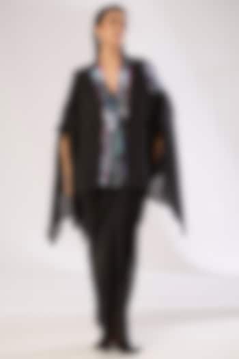 Black Metallic Polymer & Crepe Chiffon Cape Set by Amit Aggarwal at Pernia's Pop Up Shop