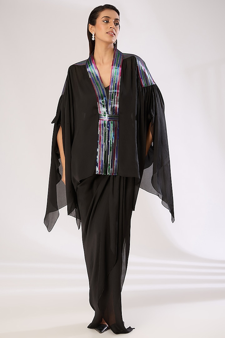 Black Metallic Polymer & Crepe Chiffon Cape Set by Amit Aggarwal at Pernia's Pop Up Shop
