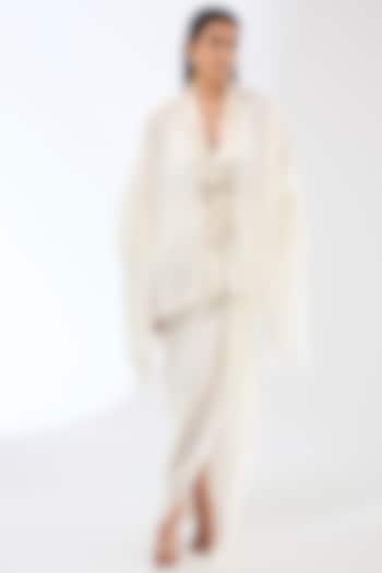 Pearl White Satin Chiffon Cape Set by Amit Aggarwal at Pernia's Pop Up Shop