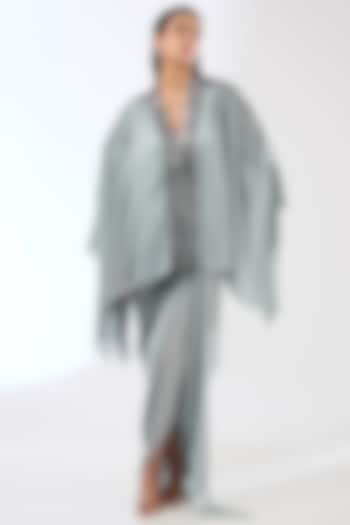 Steel Grey Satin Chiffon Cape Set by Amit Aggarwal at Pernia's Pop Up Shop