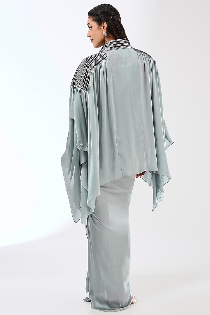 Steel Grey Satin Chiffon Cape Set by Amit Aggarwal at Pernia's Pop Up Shop