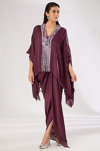 Plum Metallic Polymer & Crepe Chiffon Cape Set by Amit Aggarwal