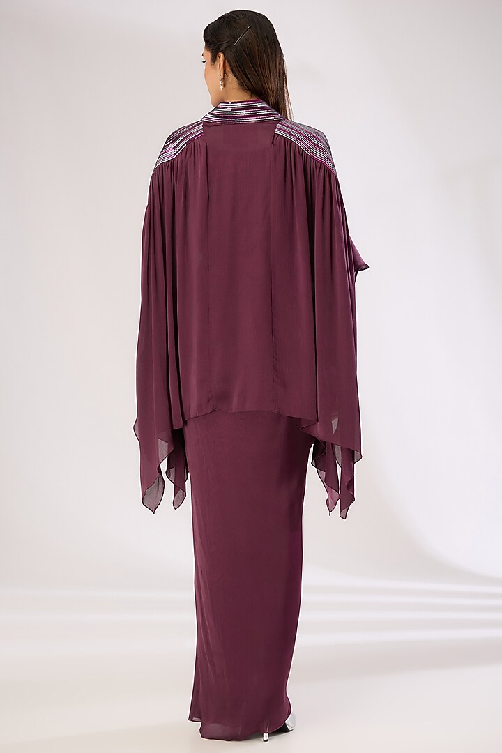 Plum Metallic Polymer & Crepe Chiffon Cape Set by Amit Aggarwal at Pernia's Pop Up Shop