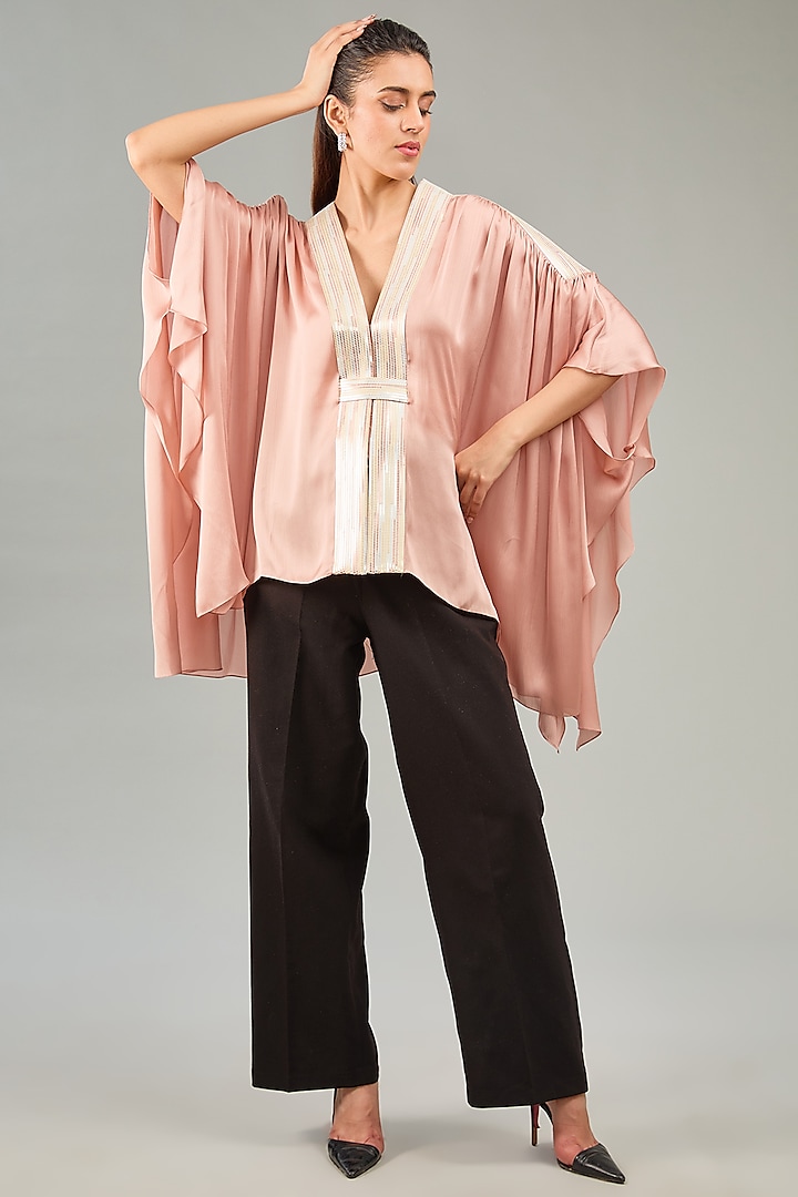 Rose Pink Metallic Polymer & Crepe Chiffon Cape With Belt by Amit Aggarwal