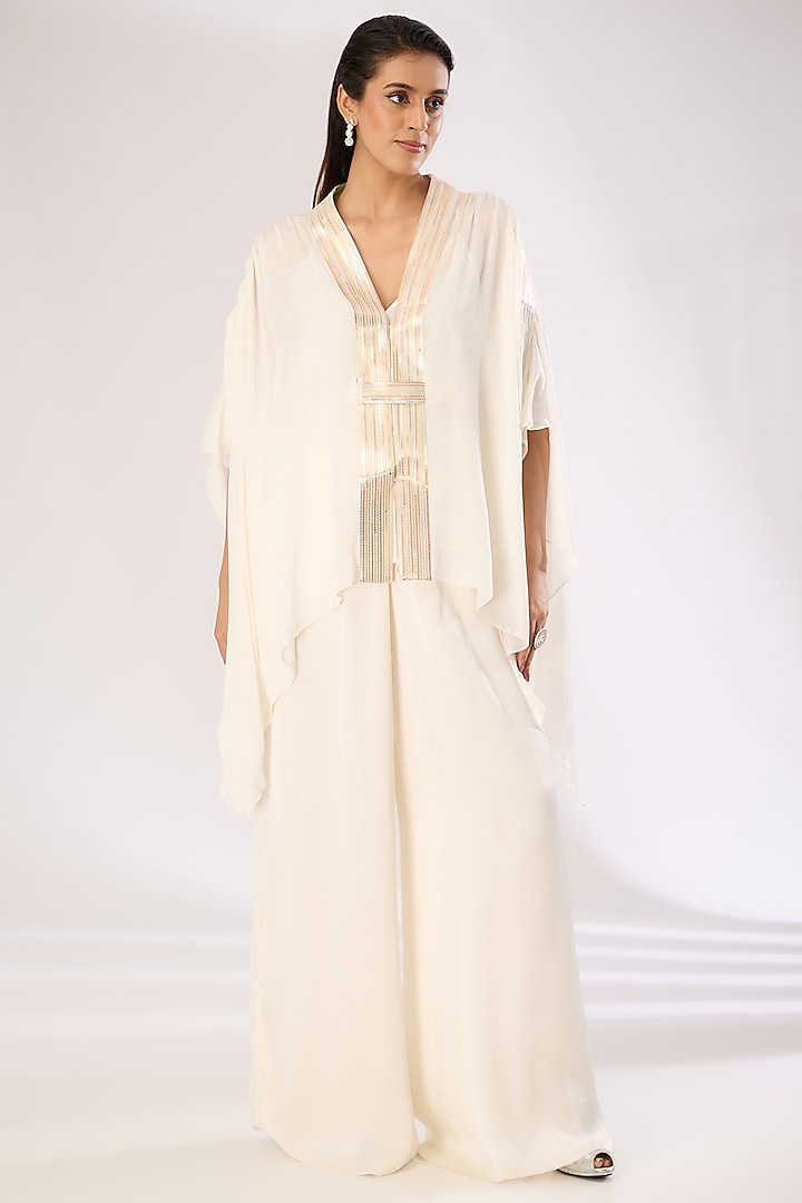 Pearl White Metallic Polymer & Crepe Chiffon Cape by Amit Aggarwal at Pernia's Pop Up Shop