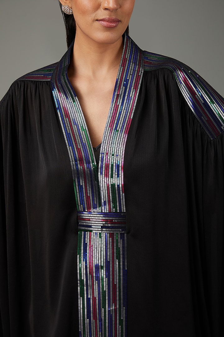 Black Metallic Polymer & Crepe Chiffon Cape by Amit Aggarwal at Pernia's Pop Up Shop