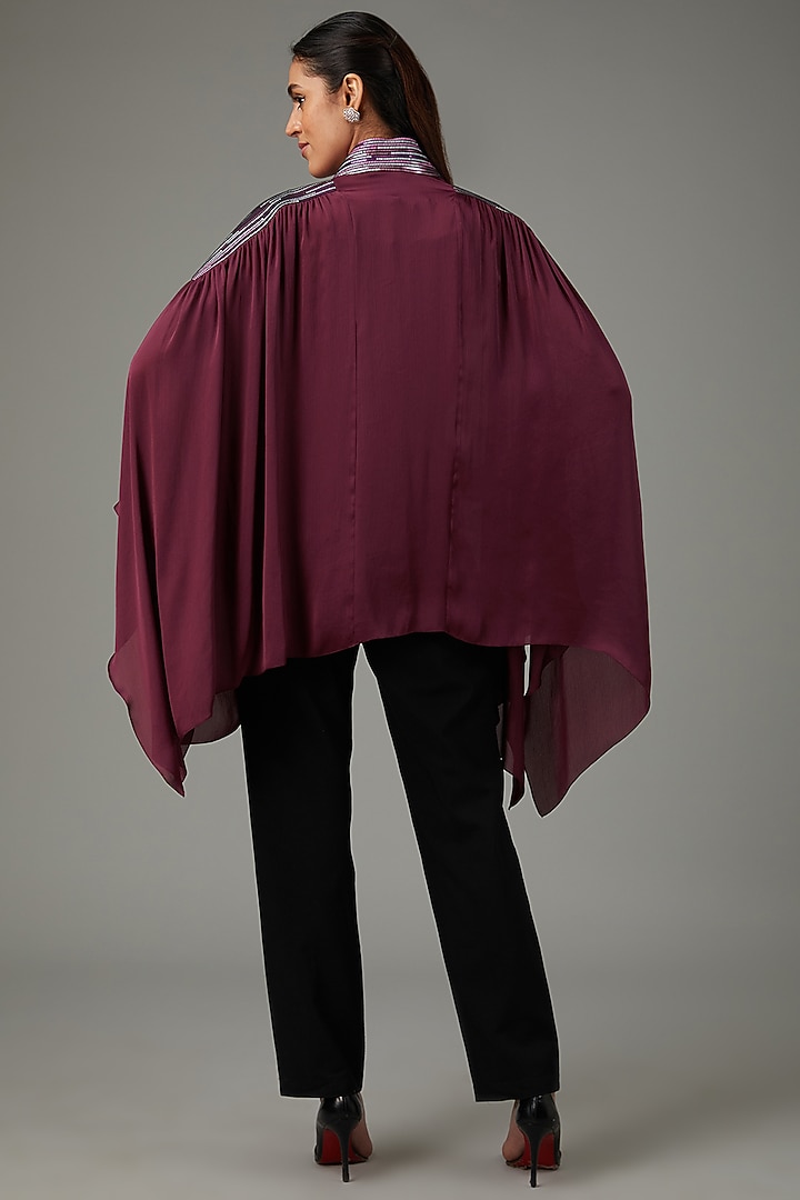 Plum Metallic Polymer & Crepe Chiffon Cape by Amit Aggarwal at Pernia's Pop Up Shop
