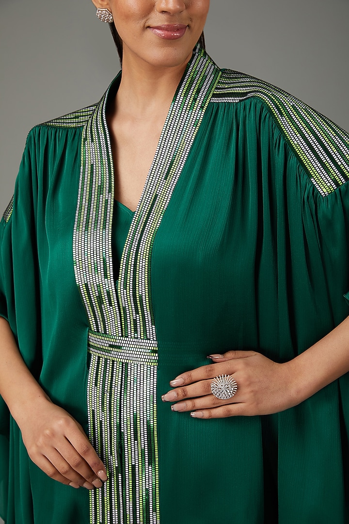 Emerald Metallic Polymer & Crepe Chiffon Cape by Amit Aggarwal at Pernia's Pop Up Shop