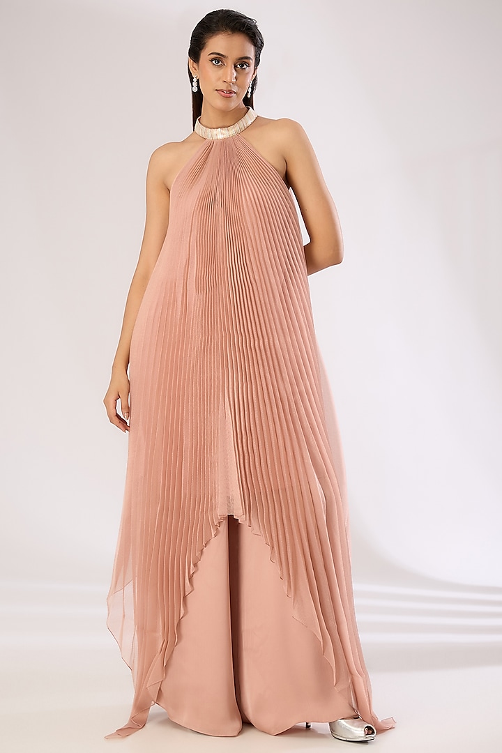 Rose Pink Metallic Polymer & Crepe Chiffon Pants by Amit Aggarwal at Pernia's Pop Up Shop