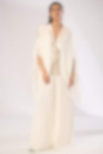 Pearl White Metallic Polymer & Crepe Chiffon Pants by Amit Aggarwal at Pernia's Pop Up Shop