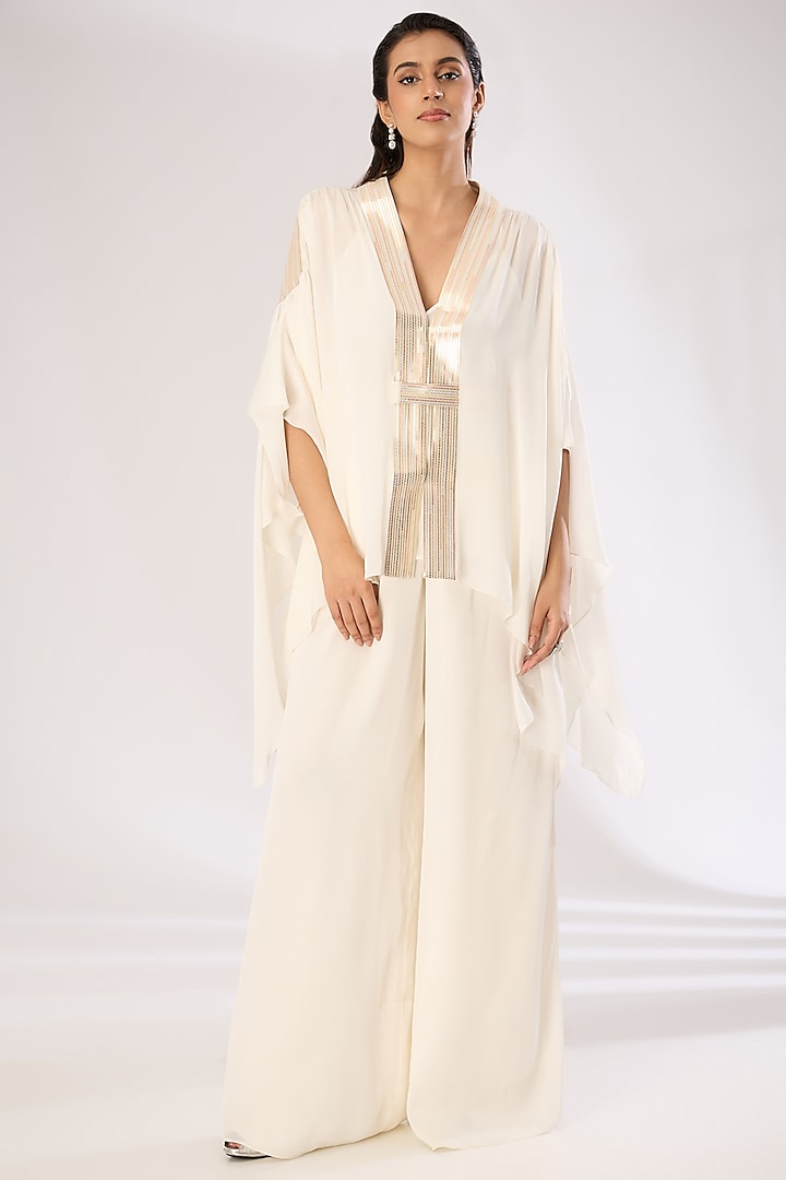 Pearl White Metallic Polymer & Crepe Chiffon Pants by Amit Aggarwal at Pernia's Pop Up Shop