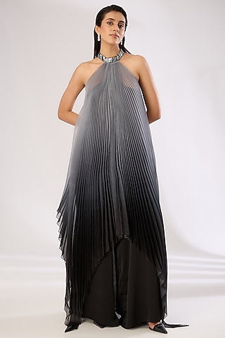 Black Metallic Polymer & Crepe Chiffon Pants by Amit Aggarwal