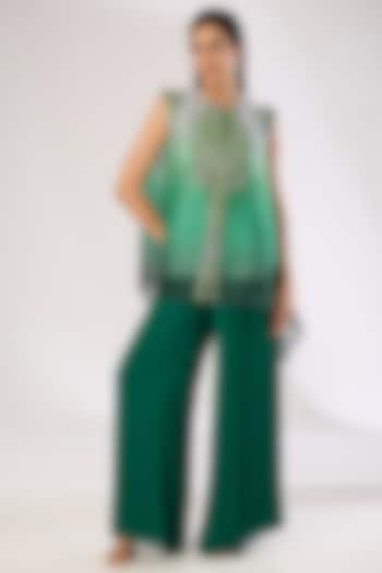 Emerald Green Metallic Polymer & Crepe Chiffon Pants by Amit Aggarwal at Pernia's Pop Up Shop