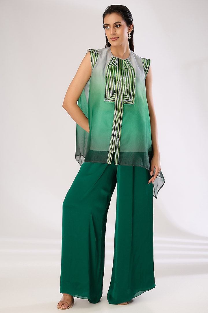 Emerald Green Metallic Polymer & Crepe Chiffon Pants by Amit Aggarwal at Pernia's Pop Up Shop