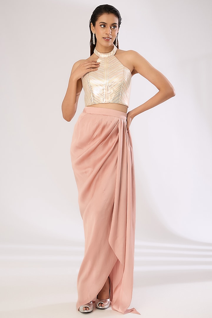 Rose Pink Crepe Chiffon Skirt Set by Amit Aggarwal at Pernia's Pop Up Shop