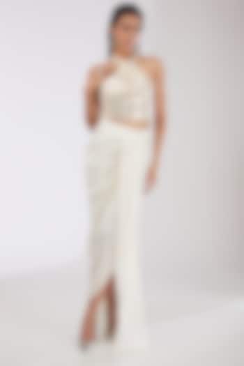 Pearl White Crepe Chiffon & Metallic Polymer Draped Skirt Set by Amit Aggarwal at Pernia's Pop Up Shop